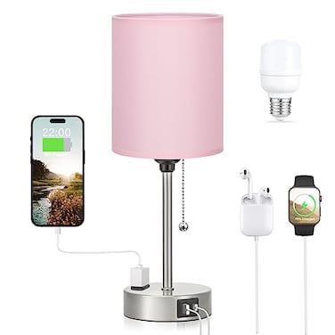 Dicoool Pink Bedroom Lamp for Bedside 3 Color Temperatures Desk Lamp with USB C and A Ports Pull Chain Table Lamp with AC Outlet Nightstand Lamp with Silver Metal Base for Kids Girls