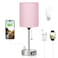 Dicoool Pink Bedroom Lamp for Bedside 3 Color Temperatures Desk Lamp with USB C and A Ports Pull Chain Table Lamp with AC Outlet Nightstand Lamp with Silver Metal Base for Kids Girls
