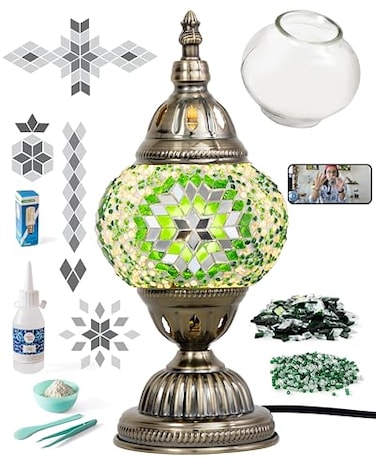 KRAFTSTORIES Turkish Mosaic Lamp Kit DIY Glass Decorative Table Bedside Night Light Tabletop for Living Room Bedroom Make Your Own Lamp Antique Bronze Base Green