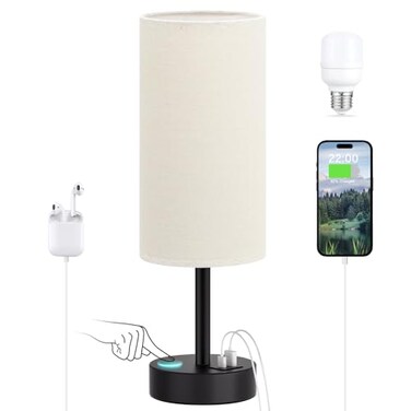 Dicoool Beige Touch Lamp for Bedroom with USB 3 Way Dimmable Table Lamp for Nightstand Small Lamp with Black Charging Station for Desk Dorm Office Nursery