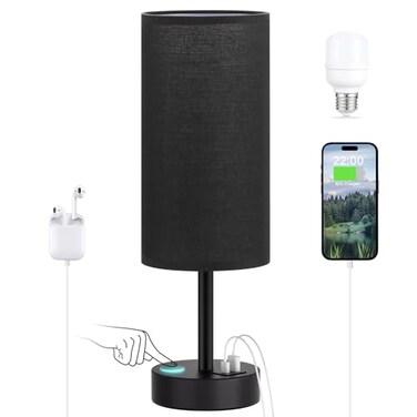 Dicoool Black Touch Bedroom Lamp with USB 3 Way Dimmable Table Lamp for Bedroom Nightstand Lamp with Black Charging Station for Desk Dorm Office Boy Kids Room Small