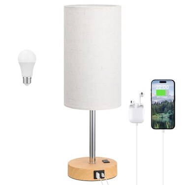 Dicoool Touch Bedside Table Lamp with USB 3 Way Dimmable Wood Lamp for Bedroom Nightstand Desk Lamp with Charging Station for Dorm Office Kids Room Living Room