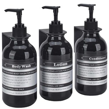 Sookdeo Dispenser Bottle for Bathroom Kitchen Refillable for Shampoo Conditioner Hand Dish Soap Lotion Oil Shower Soap Bottles with Pump 17oz 500ml 3 Pack Black with Wall Mount