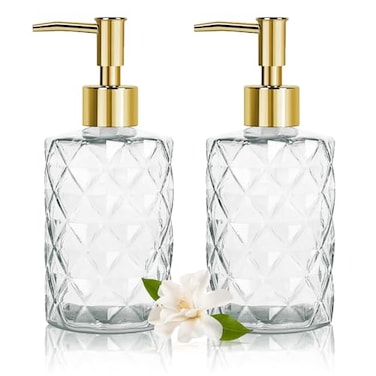 YTDTKJ 2Pack Clear Glass Soap Dispenser 330ml11 Oz Glass Shampoo and Conditioner Dispenser with Gold Pump Refillable Lotion Dispenser for Kitchen Bathroom Hotel Countertop