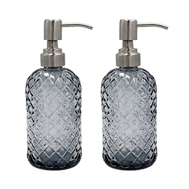 SDlumeiy 16 oz Diamond Pattern Glass Soap Dispenser Kitchen and Bathroom Refillable Soap Dispenser with Rust Resistant Stainless Steel Pump for Hand Soap Lotion Glass Liquid DispenserGrey2pack