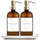 Vine Creations Amber Glass Soap Dispenser 2 Pack Kitchen Soap Dispenser Set with Ceramic Tray Stainless Steel Pump Dish Soap and Hand Soap Dispensers for Bathroom Decor with Waterproof Labels