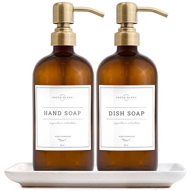 Vine Creations Amber Glass Soap Dispenser 2 Pack Kitchen Soap Dispenser Set with Ceramic Tray Stainless Steel Pump Dish Soap and Hand Soap Dispensers for Bathroom Decor with Waterproof Labels