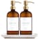 Vine Creations Amber Glass Soap Dispenser 2 Pack Kitchen Soap Dispenser Set with Ceramic Tray Stainless Steel Pump Dish Soap and Hand Soap Dispensers for Bathroom Decor with Waterproof Labels