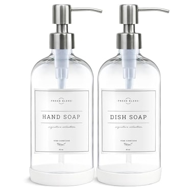 Vine Creations Clear Glass Soap Dispenser 2 Pack Kitchen Soap Dispenser Set with Stainless Steel Pump 16 oz Hand Soap or Dish Soap for Bathroom or Kitchen with Waterproof Labels