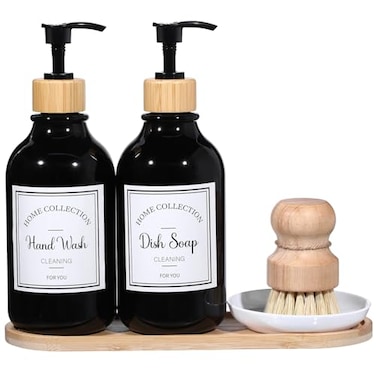 Zopeal 4 Pcs 16 oz Kitchen Soap Dispenser Set with Bamboo Tray and Dish Brush Plastic Soap Dispenser Set with Waterproof Labels for Hand Dish LotionBlack