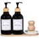 Zopeal 4 Pcs 16 oz Kitchen Soap Dispenser Set with Bamboo Tray and Dish Brush Plastic Soap Dispenser Set with Waterproof Labels for Hand Dish LotionBlack