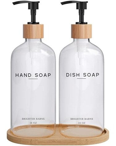 Brighter Barns Clear Glass Hand and Dish Soap Dispenser Set by Kitchen Soap Dispenser Set with Bamboo Tray Modern Kitchen Decor Minimalist Decor Clear