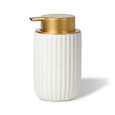 YURIAERY Speckled Matte White Ceramic Foam Soap Dispenser 12 oz Refillable Pump with Golden Top Elegant Foaming Dispenser for Bathroom or Kitchen Speckled White