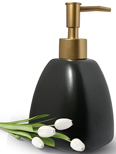 UNBONSOUHAIT Liquid Soap Dispenser for Bathroom with Gold PumpDish Soap Dispenser for KitchenRefillable Countertop Lotion Ceramics Black Hand Soap Dispenser for Shower 430ml Pyramid Matt Black Bottle