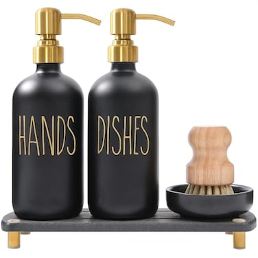 MOMEEMO Soap Dispenser Set Comes with Stainless Pumps Instant Dry Tray and Dish Scrub Brush Suitable for Black and Gold Kitchen Decor Black Gold