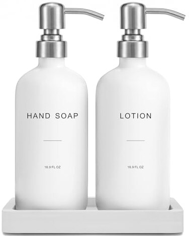 Prus Waso White Soap Dispenser Bathroom Set Hand and Lotion Dispenser with Pump Perfect for Bathroom Essentials for New Home Silver White