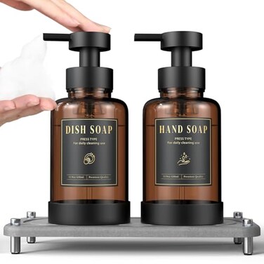 Luxspire Foaming Soap Dispenser NonSlip Hand Soap Dispenser with Fast Drying Tray 15oz Glass Refillable Liquid Bottle for Bathroom Kitchen 2 Pack Brown Dark Gray