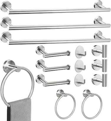 Toptowel 15sets 24inch Brushed Nickel Bathroom Hardware Set Include 3PCS 24inch Towel Bar 6PCS Robe Hook 3PCS Towel Ring 3PCS Toilet Paper Holder