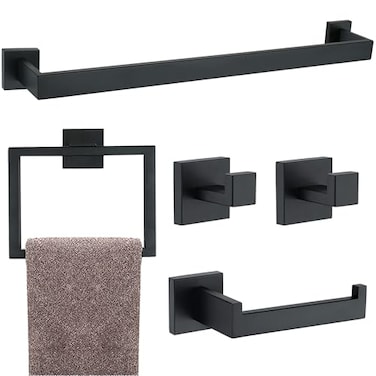 Delarkusi 5 Pieces Bathroom Hardware Accessories Set Matte Black 16Inch Square Towel Racks Set for Bathroom SUS304 Stainless Steel Towel Bar Set Bath Accessories Sets Wall Mounted