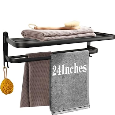 Vanloory Towel Rack for Bathroom Bath Towel Holder with Double Towel Bar and Foldable Towel Shelf Rustproof Towel Organizer Wall Mounted Towel Storage Hanger for BathBalconyLavatory24In Black