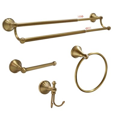 TooCust 4 Piece Antique Brass Bathroom Accessories Set 16277 Solid Brass Towel Rack Double Vintage Towel Bar Wall Mounted Antique Gold Bathroom Hardware
