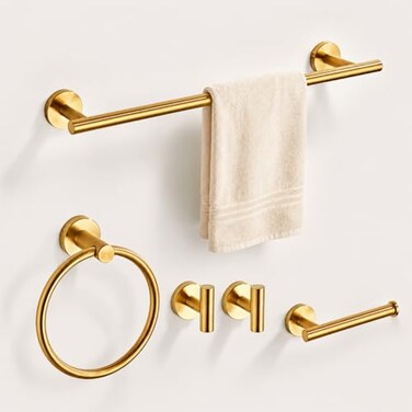 KUUBTH Brushed Gold Bathroom Hardware Set 5 Piece with Towel Racks for Bathroom SUS304 Stainless Steel Bath Towel Bar Set 24 Inch Wall Mounted Accessories Kit