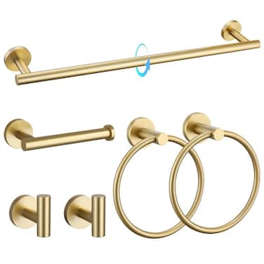 TQKAG Brushed Gold Bathroom Hardware Set 6Piece Bathroom Accessory Set 236 Inch Round Stainless Steel Towel Bar Set Wall Mounted
