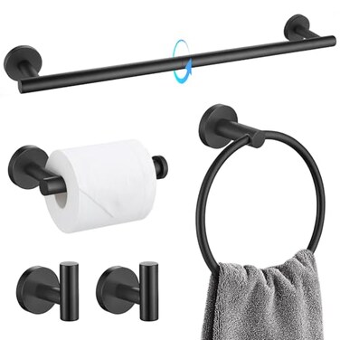 TQKAG Matte Black Bathroom Hardware Set 5 Pieces SUS304 Stainless Steel Towel Bar Set Round Bathroom Towel Rack Set Wall Mounted