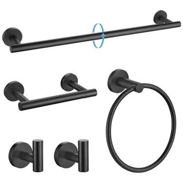 TURS Matte Black 5 Piece Bathroom Hardware Set SUS304 Stainless Steel Bath Towel Bar Set 24 Inch Round Bathroom Accessories Kit Wall Mounted