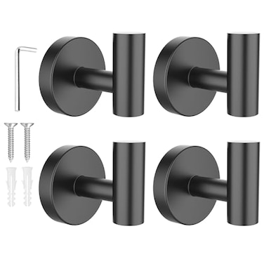 SetSail Towel Hooks for Bathrooms 4 Packs Screwin Matte Black Bathroom Towel Hook Wall Mounted Stainless Steel Shower Towel Hooks for Coat Hanging Drill Hole