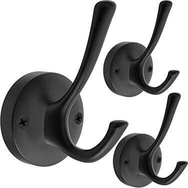 TOFIIGREM Black Wall Hooks Towel Hooks 3 Pack Coat Hooks Robe Hook Heavy Duty Metal Double Bath Hook Wall Mounted Hand Towel Hooks for Entryway Bathroom Kitchen Closet Garage