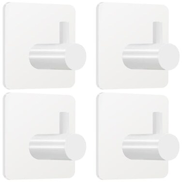 Fotosnow White Adhesive Towel Hooks 15LB Heavy Duty Wall Hooks Stick on Shower Hooks for Bathroom Kitchen Door4Packs