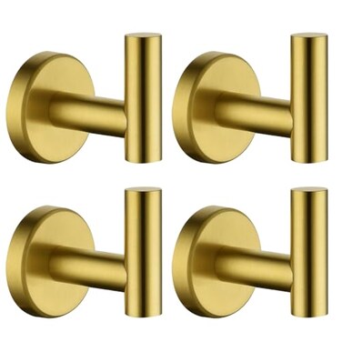 JQK Bathroom Towel Hook Brushed Gold Brass Coat Robe Clothes Hook for Bathroom Kitchen Garage Wall Mounted Pack of 4 SUS 304 Stainless Steel 08mm TH100BGP4