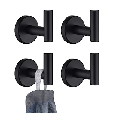 JQK Black Bathroom Towel Hook Coat Robe Clothes Hook for Bathroom Kitchen Garage Wall Mounted 4 Pack 304 Stainless Steel Matte Black TH100PBP4