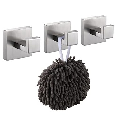 KOKOSIRI Bath Towel Hook Wall Mount Square Robe Hook Coat Hook Bathroom Kitchen Garage Heavy Duty SUS 304 Stainless Steel 3 Pack Brushed Nickel B1010BRP3