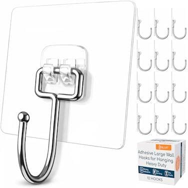 GLUIT Adhesive Large Wall Hooks for Hanging Heavy Duty 22 lbs Hooks for Walls No Drill Towel Sticky Clear Hooks Waterproof Home Bathroom Kitchen Office and Outdoor 12 Pack