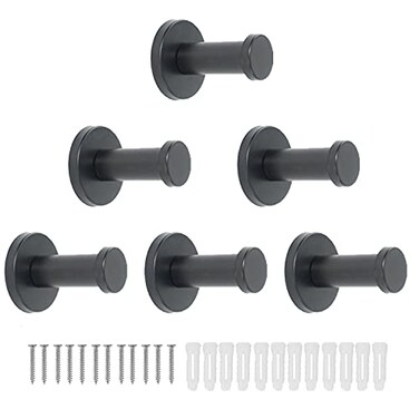 Vanloory Bathroom Towel Hooks 6 Pack Round Coat Hooks Sturdy Wall Mounted Robe Hook SUS 304 Stainless Steel Heavy Duty Clothes Hanger Wall Towel Hooks for Bathroom Bedroom Kitchen Black