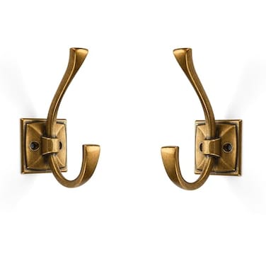 ZAUYX Large Wall Hooks 2 Pack Antique Brass Coat Hardware for Hanging 435 Inch Double Robe Wall Mounted With Screws for Key Towel Bags Cup Hat