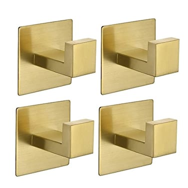 WOLIBEER Self Adhesive Towel Hook Brushed Gold Bath Robe Hook 4 Packs No Drilling Stainless Steel Coat Hanger Sticky Wall Hook for Bathroom