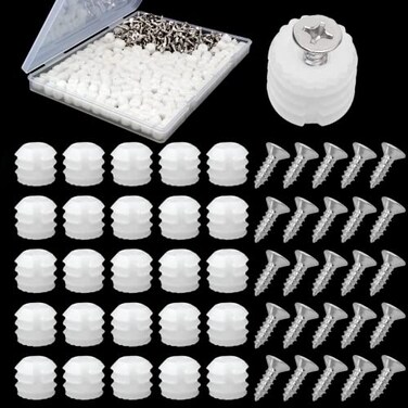 MingQiEven 200 Pack Plastic Hinge Dowel Inserts with Screws White Dowels Door Hinge for Cabinet Door Drawer Bedside Table Repair Installation Replacement Bathroom Kitchen