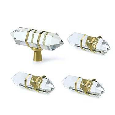 JEREVER 4 Pack Hexagonal Crystal Knobs Wire Wrapped Glass Brass Drawer Pull Cabinet Handle Gold Furniture Hardware for Dresser Kitchen Clear