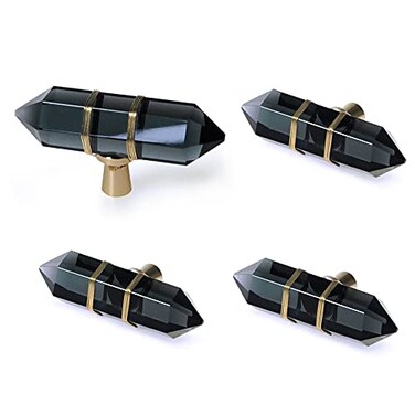 JEREVER 4 Pack Hexagonal Crystal Knobs Wire Wrapped Glass Brass Drawer Pull Cabinet Handle Gold Furniture Hardware for Dresser Kitchen Black
