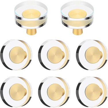 Hotop 8 Pieces Glass Cabinet Knobs 115 Inch Crystal Pulls Gold Cabinet Dresser Handle Bulk Brass Drawer Pull for Furniture Kitchen Cupboard Hardware Office Nightstand Decor Round Style
