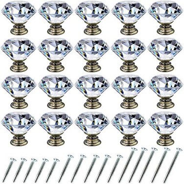 NORTHERN BROTHERS 20 Pack 30mm Crystal Cabinet Knobs Diamond Glass Drawer Knobs with 3 Screw Sizes for Dresser Kitchen Bathroom Bronze