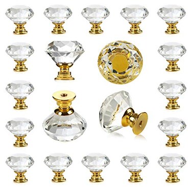 DEELF OUTLET DEELF 26 Packs Kitchen Cabinet Knobs 30 mm Crystal Cabinet Knobs Diamond Dresser Handle Drawer Pulls Dresser Knobs for Cabinets and Drawers Gold Base