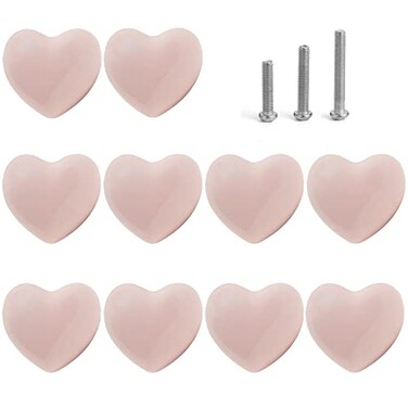Perphin Ceramic Drawer Knobs Heart Shape Cabinet Dresser Pulls Handles with 3 Sized Screws Kitchen Furniture Knobs for Closet Cupboard Wardrobe 10 Pack Power Pink