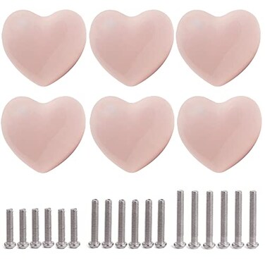 Perphin Ceramic Drawer Knobs Heart Shape Cabinet Dresser Pulls Handles with 3 Sized Screws Kitchen Furniture Knobs for Closet Cupboard Wardrobe 6 Powder Pink