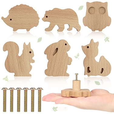 Qunclay 6 Sets Wooden Animal Dresser Knobs Decorative Nursery Wood Drawer Pulls with Screws Furniture Pulls Handles for Nursery Home Bedroom Kitchen Cabinets Hardware Cupboard Forest Animal