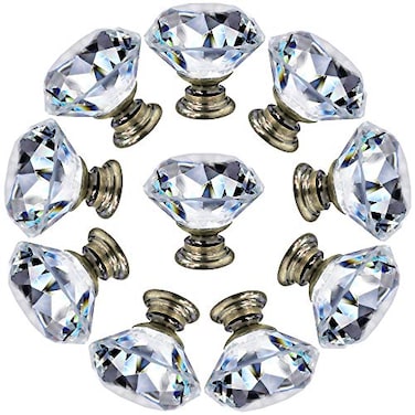 NORTHERN BROTHERS 10 Pack 30mm Crystal Cabinet Knobs Diamond Glass Drawer Knobs with 3 Screw Sizes for Dresser Kitchen Bathroom Bronze