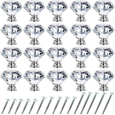 NORTHERN BROTHERS 20 Pack 30mm Crystal Cabinet Knobs Diamond Glass Drawer Knobs with 3 Screw Sizes for Dresser Kitchen Bathroom Silver